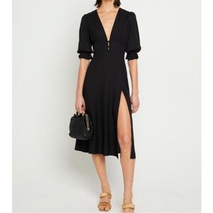 Black Linen Midi Dress with Side Slit